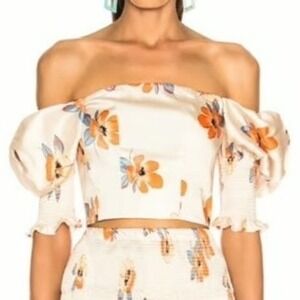 Nicholas Floral Puff Sleeve Crop Top Sz 16 Cream Orange Satin Stretch Cute Party